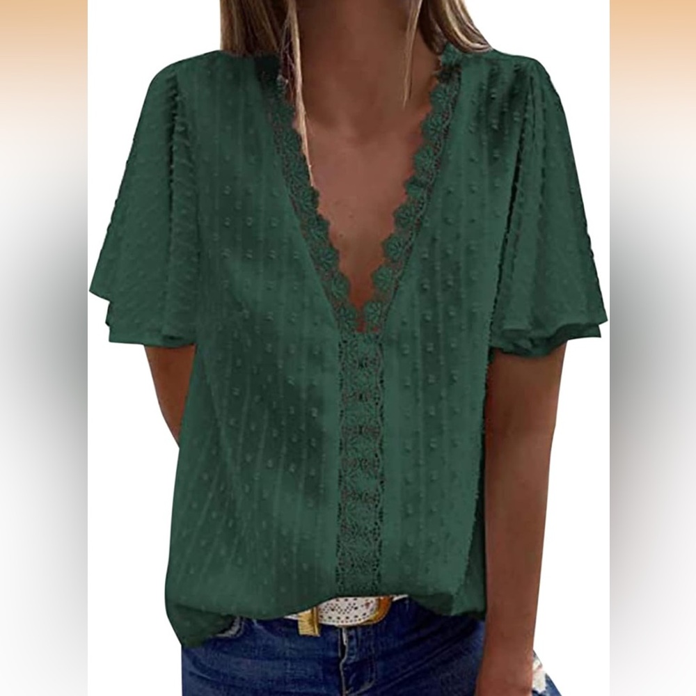 Women's Deep V Lace Trim Flutter Sleeve Top - Dark Green